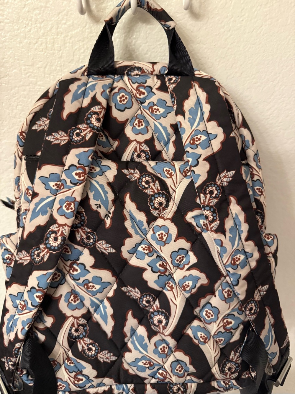 Vera Bradley Black Quilted Backpack with Blue and Cream Floral Print - Picture 6 of 8